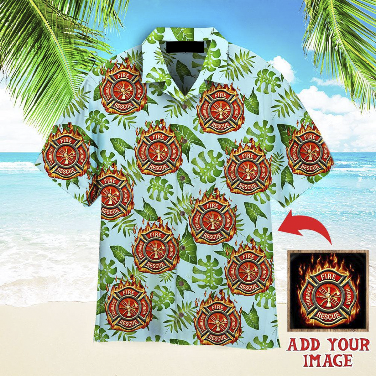 Firefighter On Green Leaves Custom Hawaiian Shirt, Personalized Hawaiian Shirts, Custom Photo Hawaiian Shirt