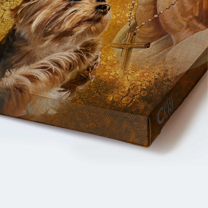 Yorkshire Terrier Dog Portrait Canvas - Yorkshire Terrier, Jesus hand, Praying hand, Light cross, Jesus Canvas - Gift for Yorkshire Terrier, Dog Lovers Christian