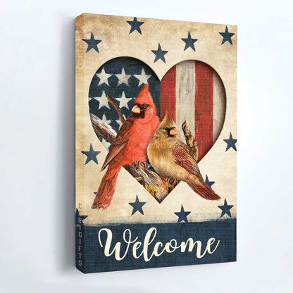 Heaven Portrait Canvas - Cardinal Couple, Heart Shape, Blue Star, Us Flag, Welcome Portrait Canvas - Memorial Gift For Family Members