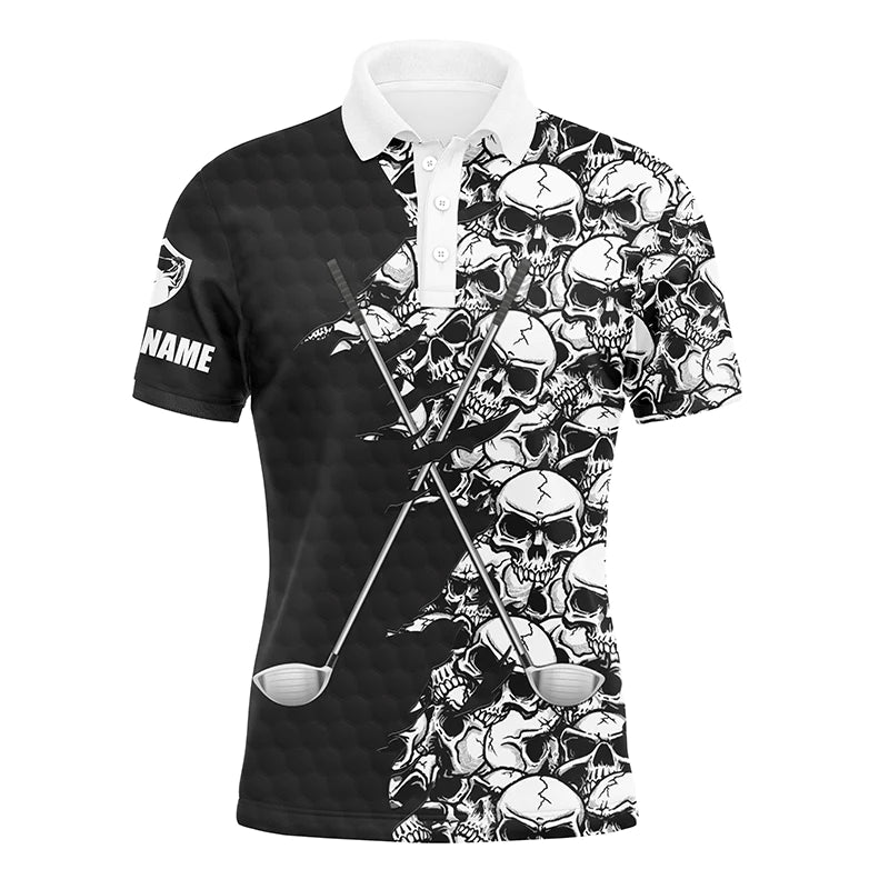 Golf Men Polo Shirt, Pattern Skull Golf Clubs Performance Custom Name Apparel - Personalized Sports Gift For Men, Husband, Boyfriend, Golf Lovers