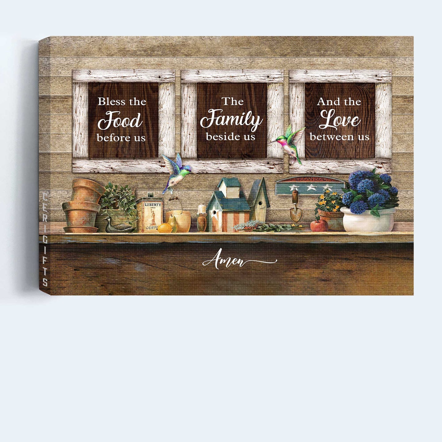 Jesus Landscape Canvas - Vintage Kitchen, Hummingbird Canvas - Gift For Christian - Bless The Food Before Us Canvas
