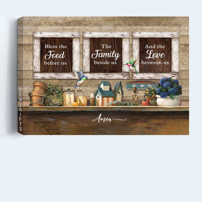 Jesus Landscape Canvas - Vintage Kitchen, Hummingbird Canvas - Gift For Christian - Bless The Food Before Us Canvas