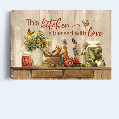 Jesus Landscape Canvas - Vintage Kitchen, Yellow Flower, Fresh Tomato Canvas - Gift For Christian - This Kitchen Is Blessed With Love Canvas
