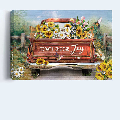 Jesus Landscape Canvas - Vintage Truck, Flower Field, Hummingbird Drawing Canvas - Gift For Christian - Today I Choose Joy Canvas