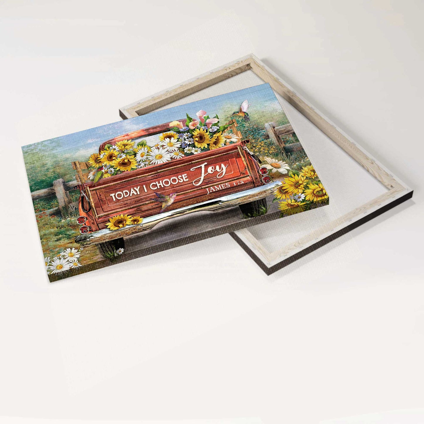 Jesus Landscape Canvas - Vintage Truck, Flower Field, Hummingbird Drawing Canvas - Gift For Christian - Today I Choose Joy Canvas
