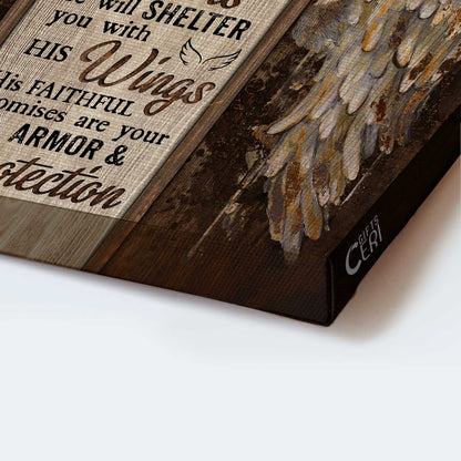 Jesus Landscape Canvas - Vintage Wings, Christian Gift, Bible Verse Canvas - Gift For Christian - He Will Cover You With His Feathers Canvas