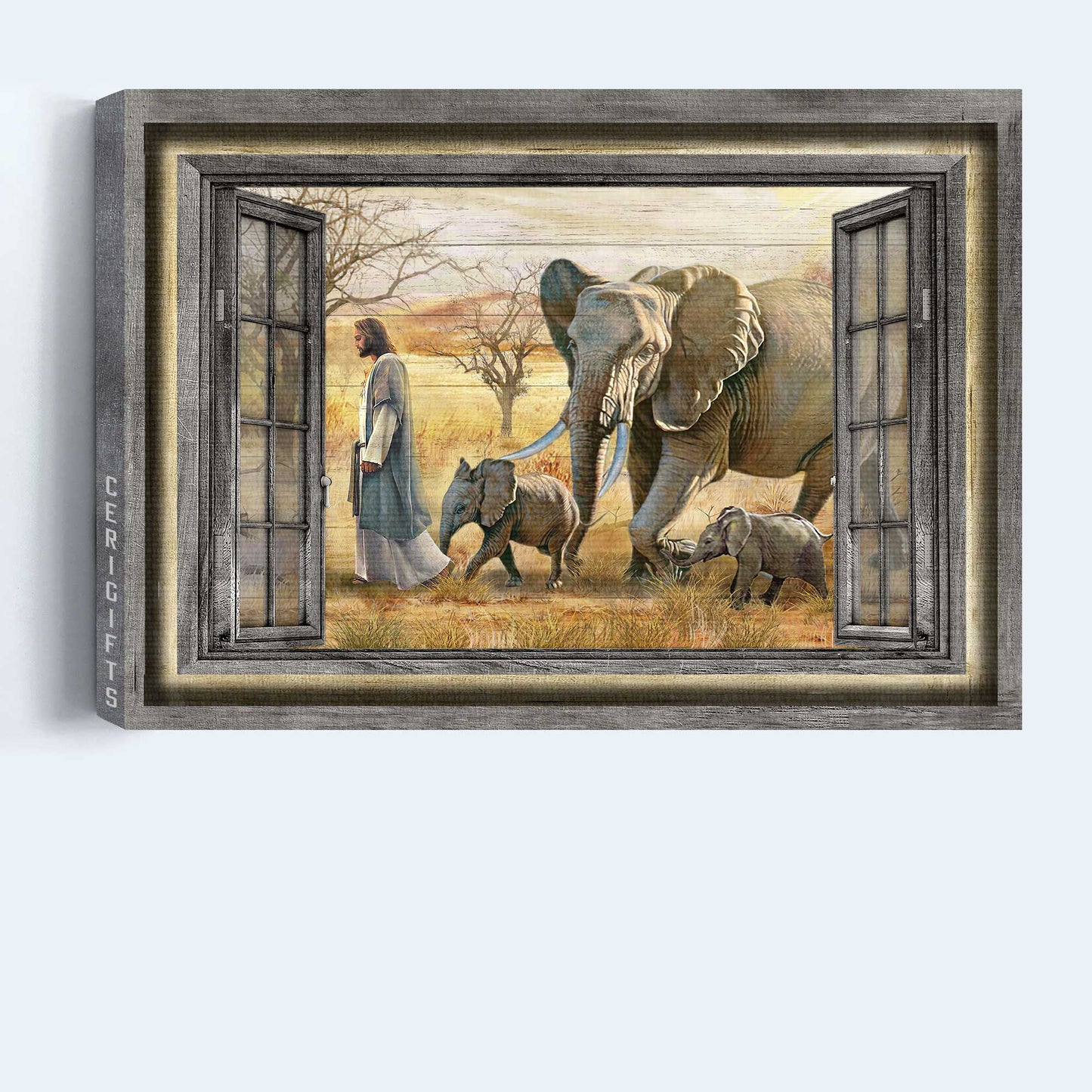 Jesus Landscape Canvas - Walking With Jesus, Elephant Painting, Yellow Meadow Canvas - Gift For Christian