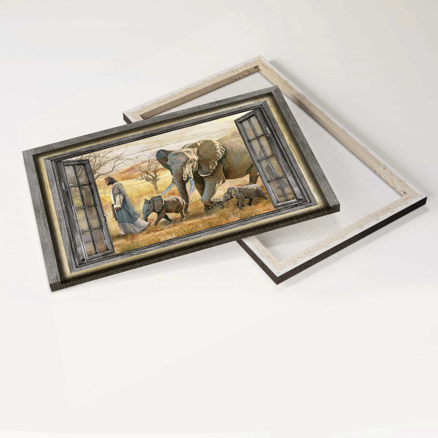 Jesus Landscape Canvas - Walking With Jesus, Elephant Painting, Yellow Meadow Canvas - Gift For Christian