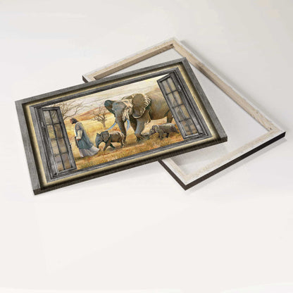 Jesus Landscape Canvas - Walking With Jesus, Elephant Painting, Yellow Meadow Canvas - Gift For Christian