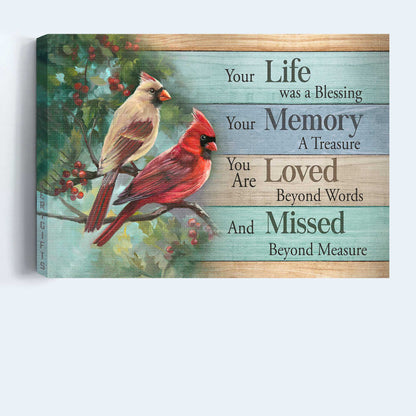 Memorial Landscape Canvas - Heaven, Watercolor Cardinal, Cranberry Tree, Nature Artwork Memorial Canvas - Memorial Gift For Member Family - Your Life Was A Blessing