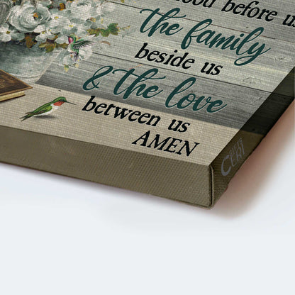 Jesus Landscape Canvas - White Flower, Vintage Bible, Colorful Hummingbird Canvas - Gift For Christian - Bless The Food Before Us Canvas