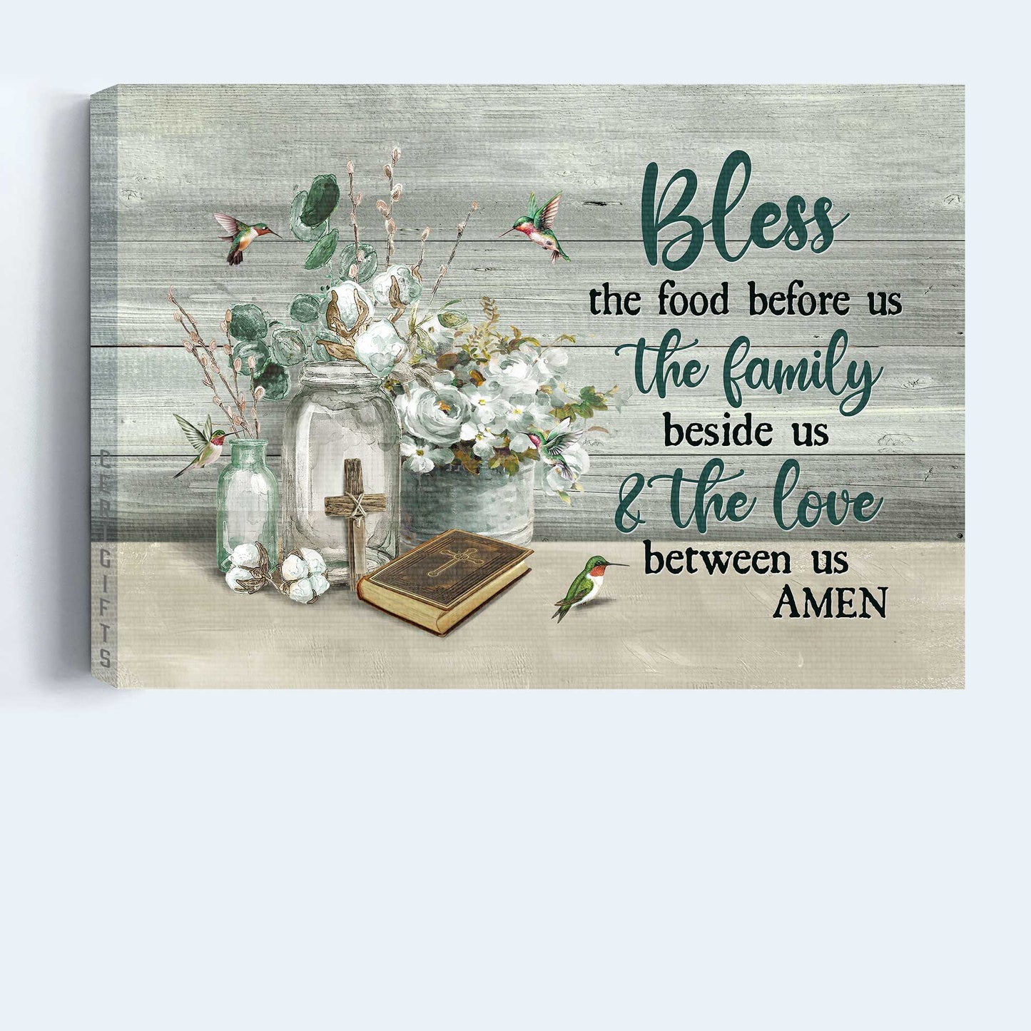Jesus Landscape Canvas - White Flower, Vintage Bible, Colorful Hummingbird Canvas - Gift For Christian - Bless The Food Before Us Canvas
