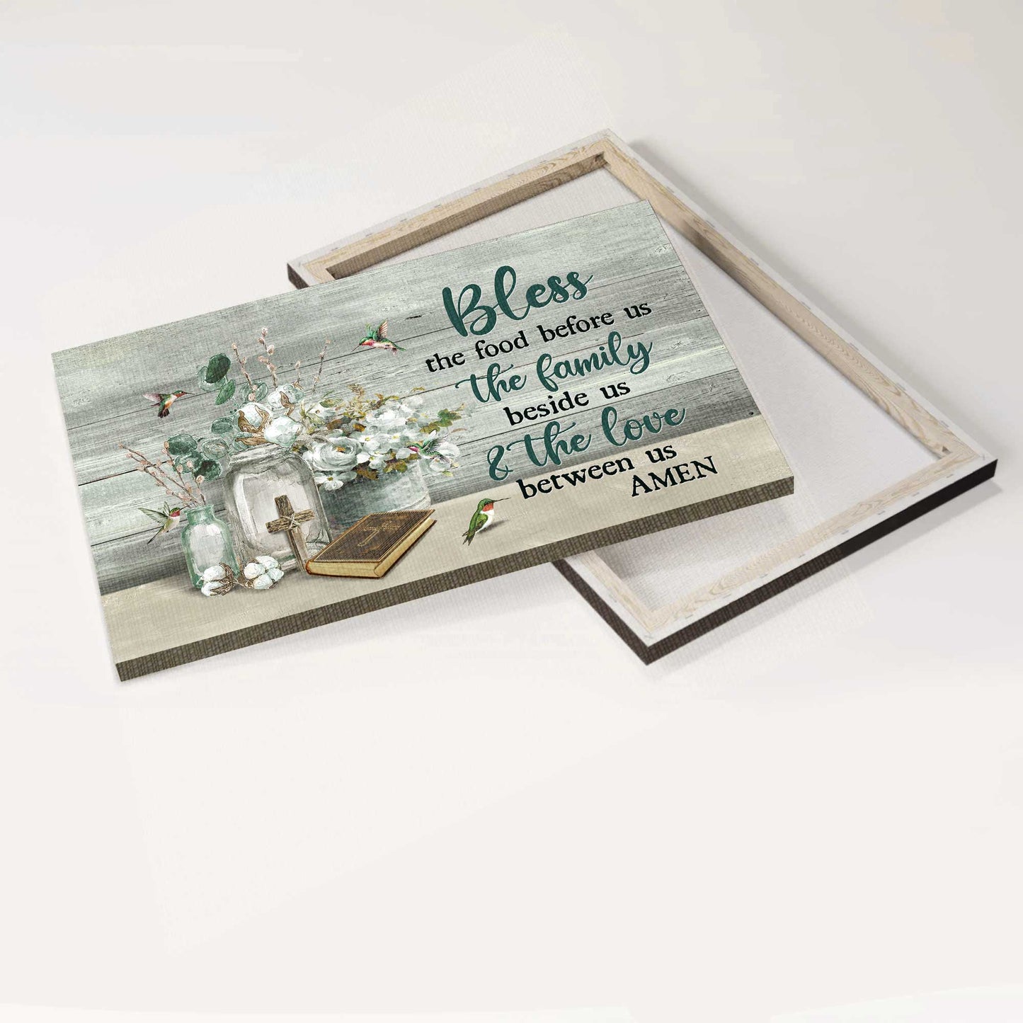 Jesus Landscape Canvas - White Flower, Vintage Bible, Colorful Hummingbird Canvas - Gift For Christian - Bless The Food Before Us Canvas