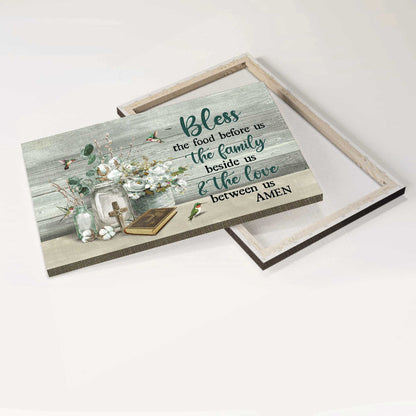 Jesus Landscape Canvas - White Flower, Vintage Bible, Colorful Hummingbird Canvas - Gift For Christian - Bless The Food Before Us Canvas