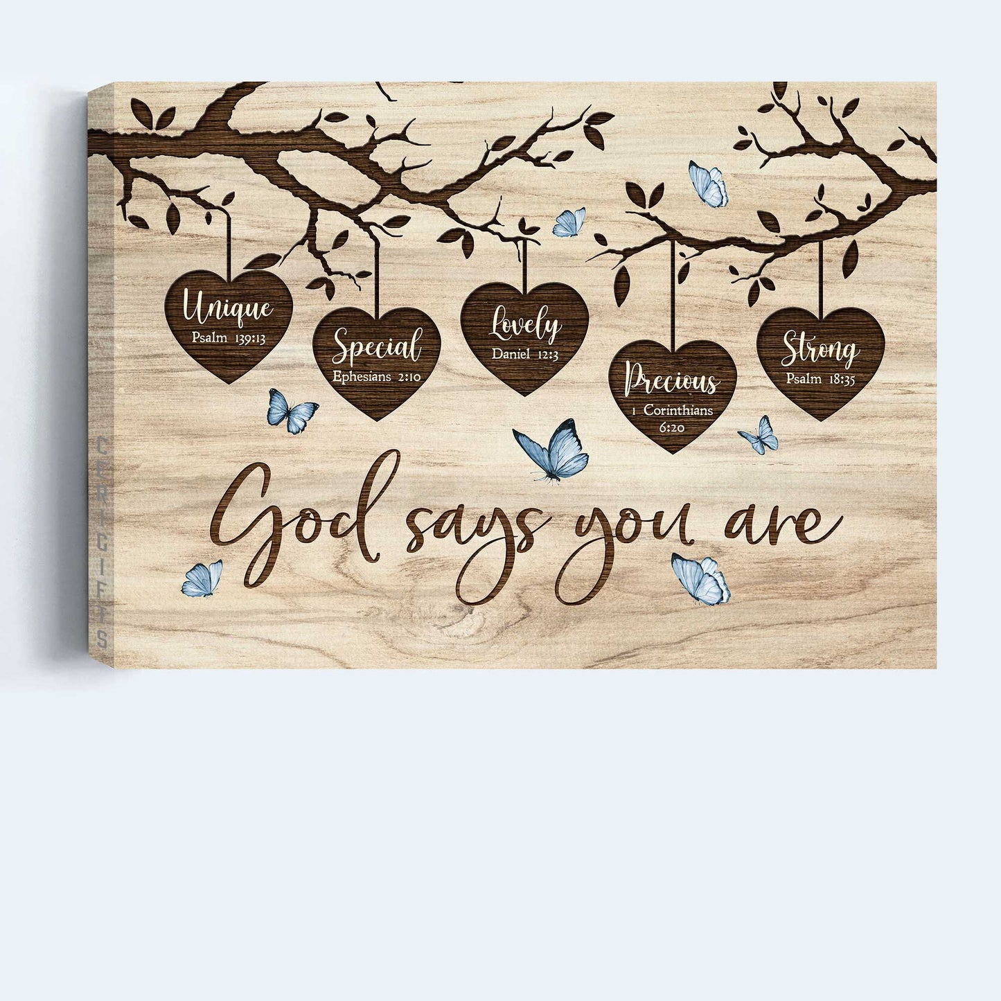 Jesus Landscape Canvas - Wooden Heart, Oldest Tree, Blue Butterfly Canvas - Gift For Christian - God Says You Are Unique