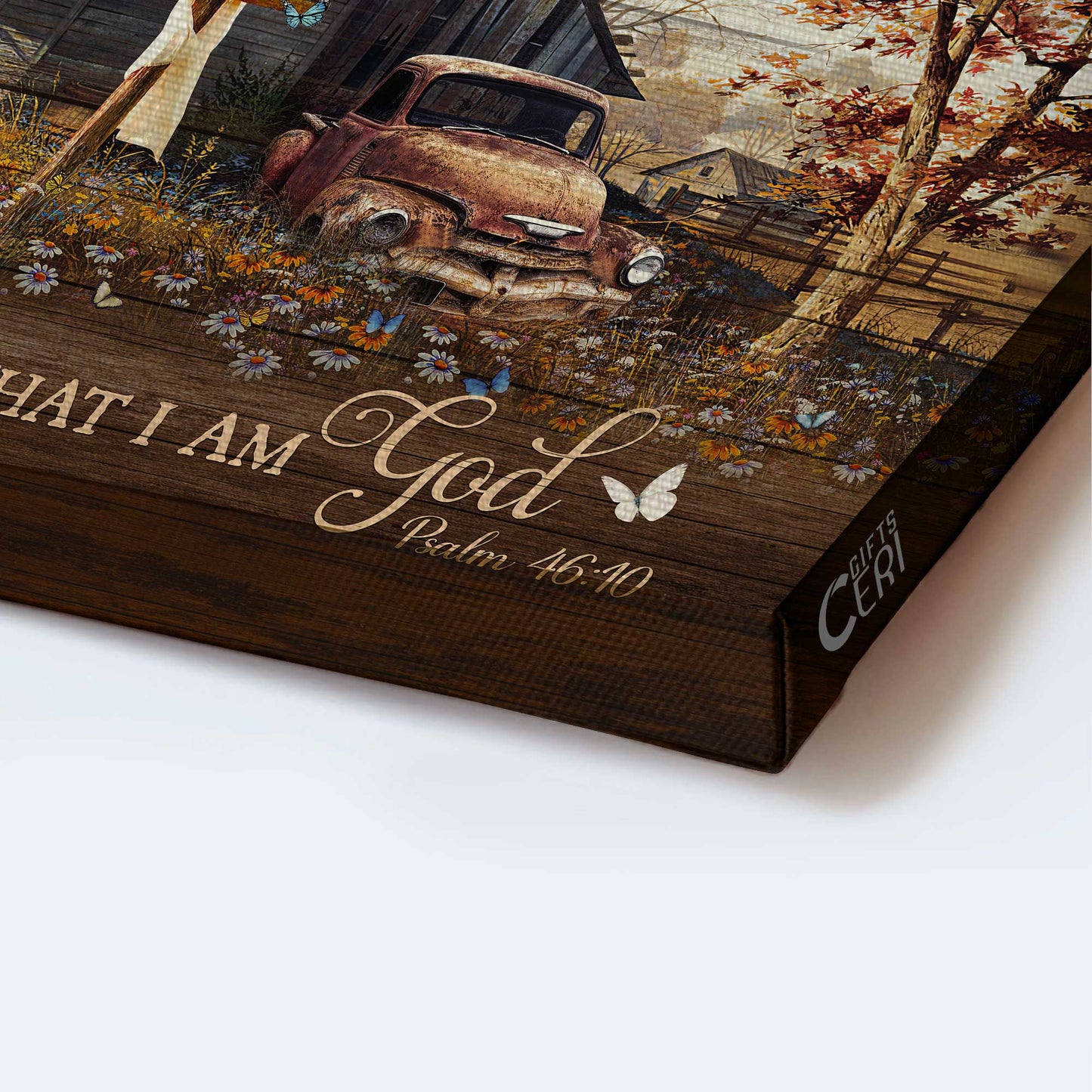 Jesus Landscape Canvas - Wooden House, Antique Ladybug Car, Daisy Field Canvas - Gift For Christian - Be Still And Know That I Am God