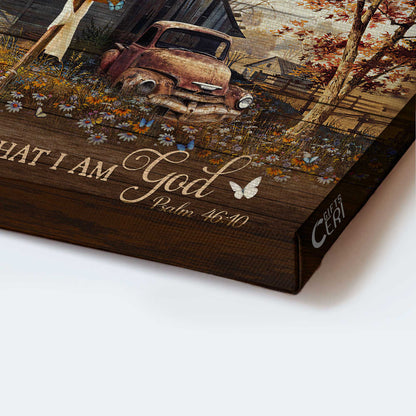 Jesus Landscape Canvas - Wooden House, Antique Ladybug Car, Daisy Field Canvas - Gift For Christian - Be Still And Know That I Am God