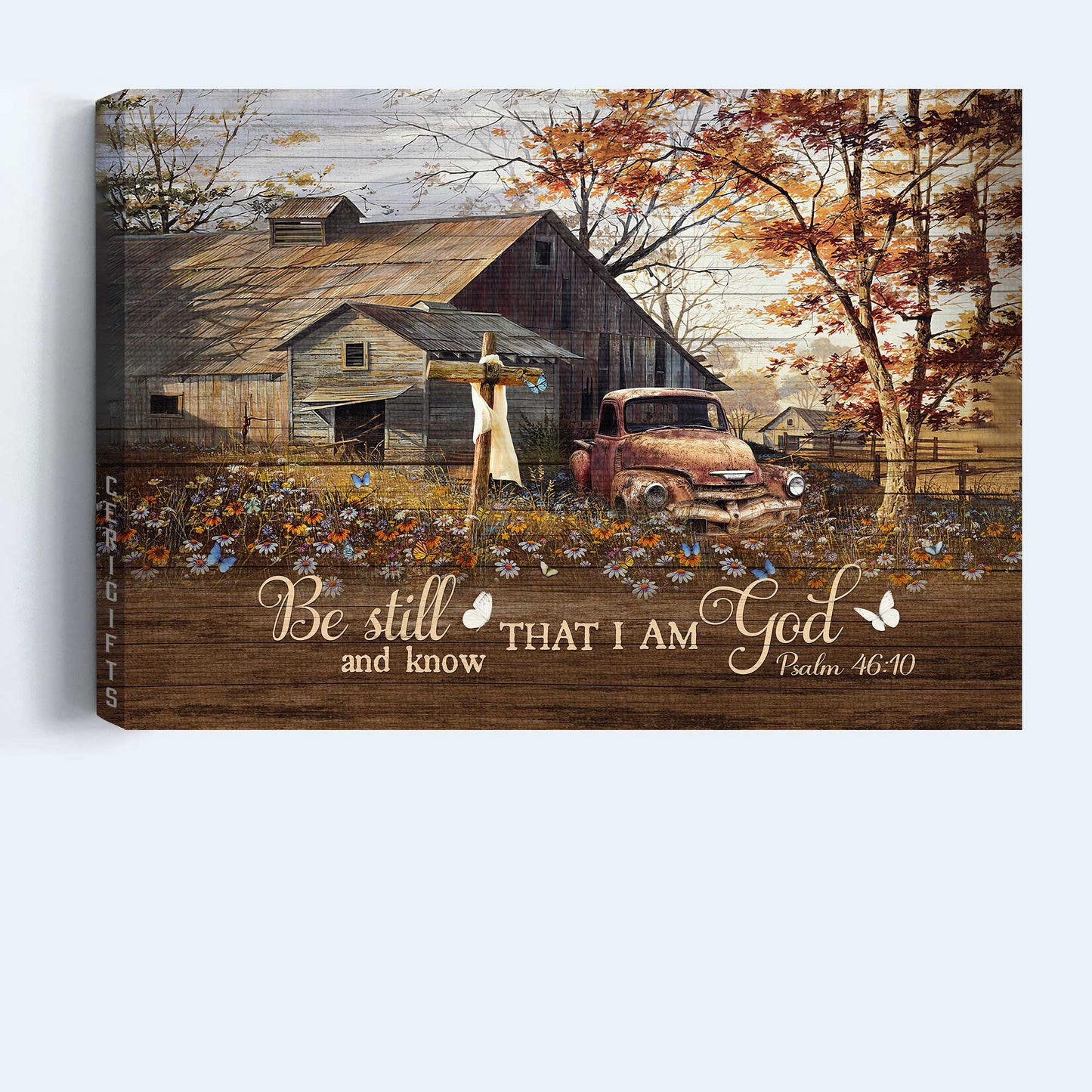 Jesus Landscape Canvas - Wooden House, Antique Ladybug Car, Daisy Field Canvas - Gift For Christian - Be Still And Know That I Am God