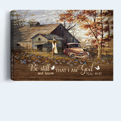 Jesus Landscape Canvas - Wooden House, Antique Ladybug Car, Daisy Field Canvas - Gift For Christian - Be Still And Know That I Am God