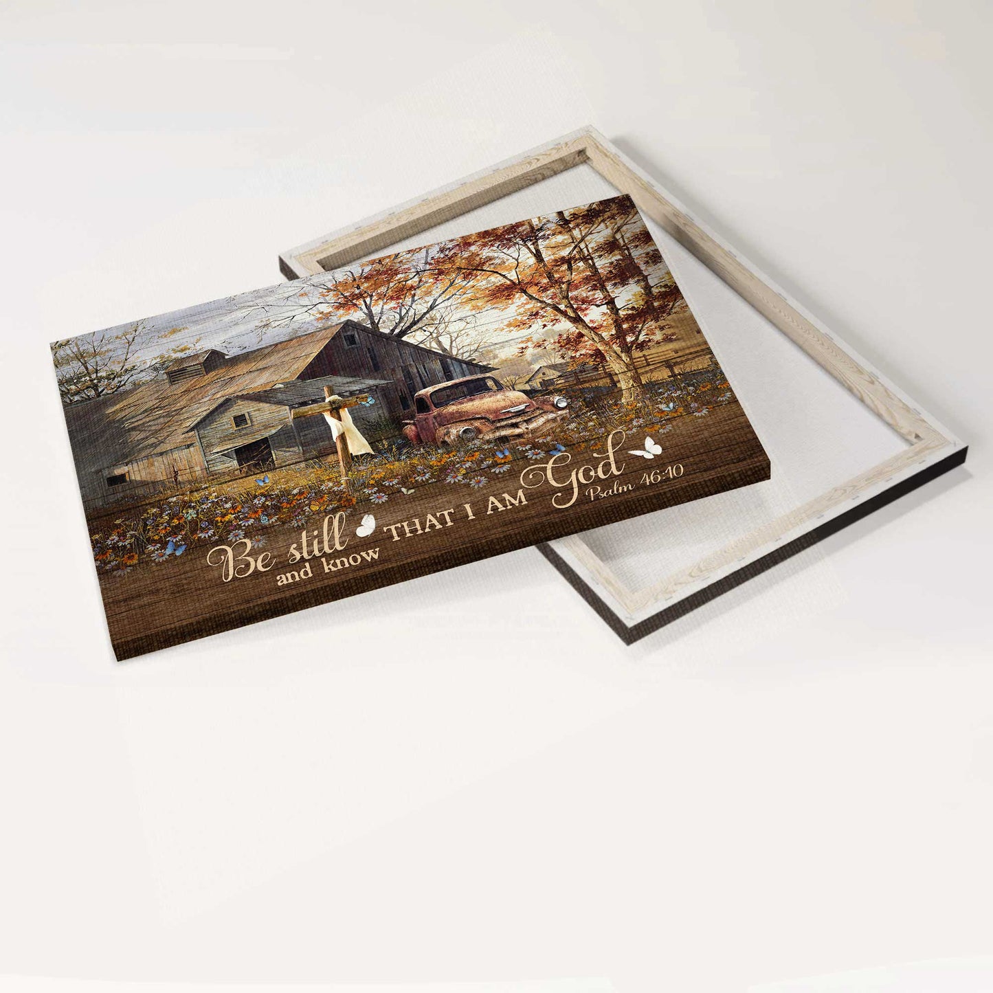 Jesus Landscape Canvas - Wooden House, Antique Ladybug Car, Daisy Field Canvas - Gift For Christian - Be Still And Know That I Am God