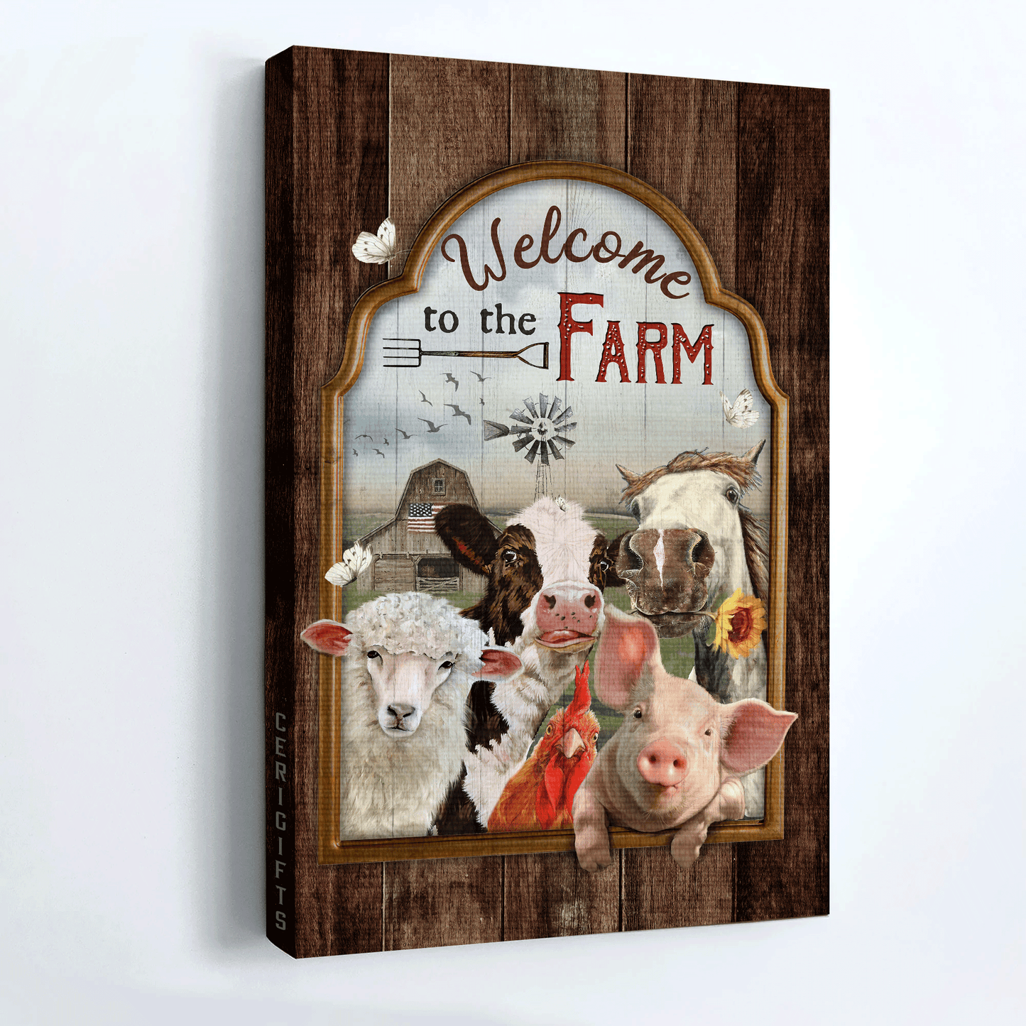 Family Portrait Canvas- Farm animals, Cute animals, Farm life, White butterfly canvas- Gift for members family- Welcome to the farm