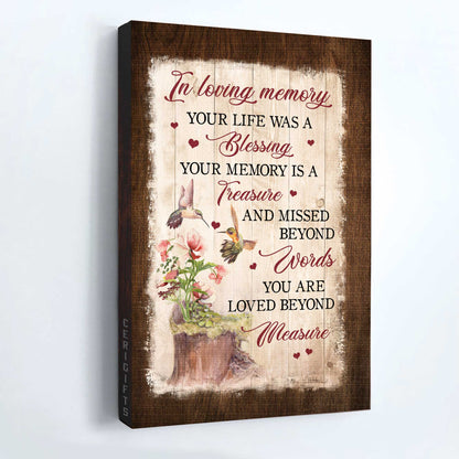 Memorial Portrait Canvas- Hummingbird Couple- Memorial gift for members family- Your life was a blessing - Heaven Portrait Canvas Prints, Wall Art