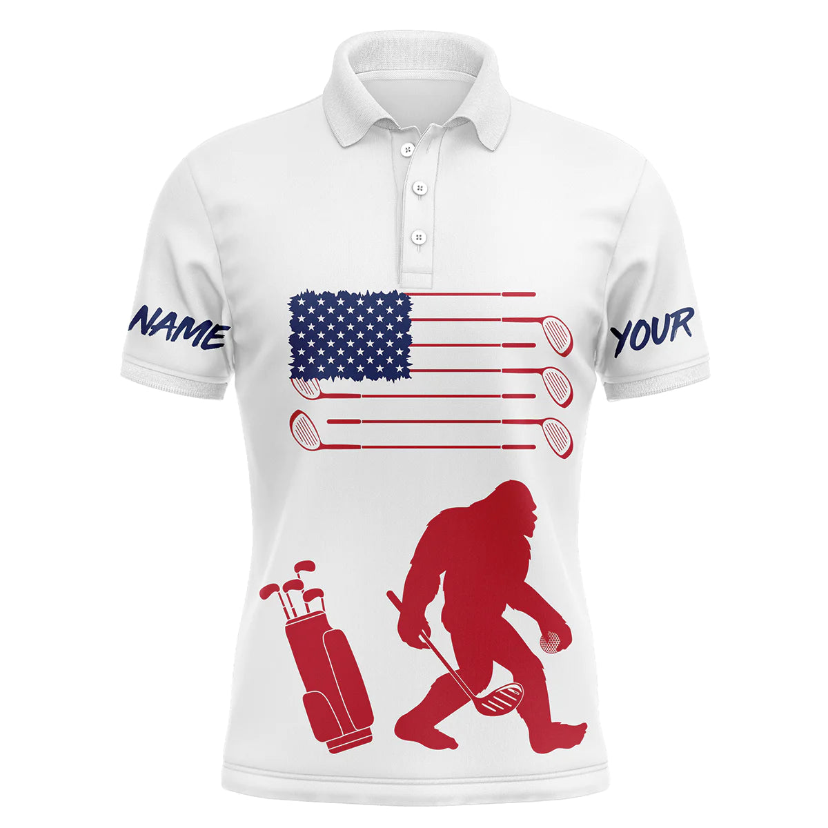 Bigfoot Golf Men Polo Shirt, Custom Name American Flag Bigfoot Patriotic Apparel - Personalized Sports Gifts For Men, Husband, Boyfriend, Golf Lover