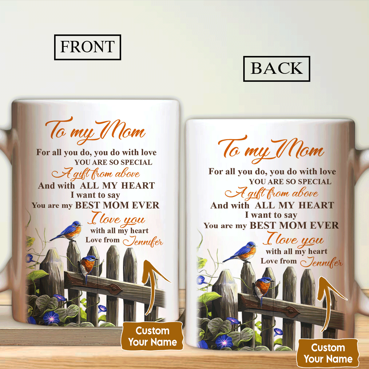 Gift For Mom Personalized Mug-To my mom, Eastern Bluebird drawing, In the garden Mug-Custom Gift For Mother's Day, Presents for Mom-You are a gift Mug