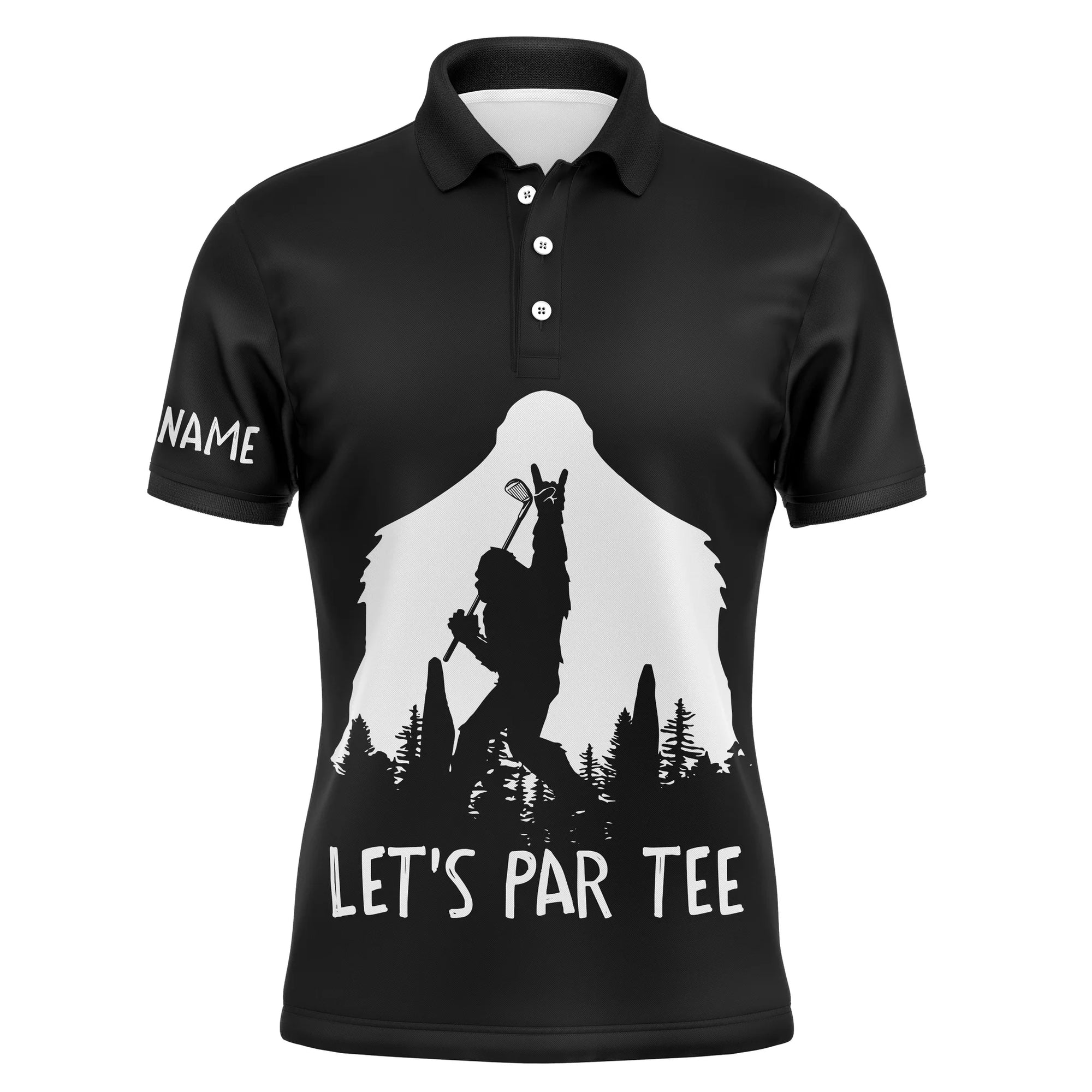 Golf Men Polo Shirt, Custom Name Funny Bigfoot Let's Par Tee Black Apparel - Personalized Sport Gift For Men, Husband, Boyfriend, Golf Lover