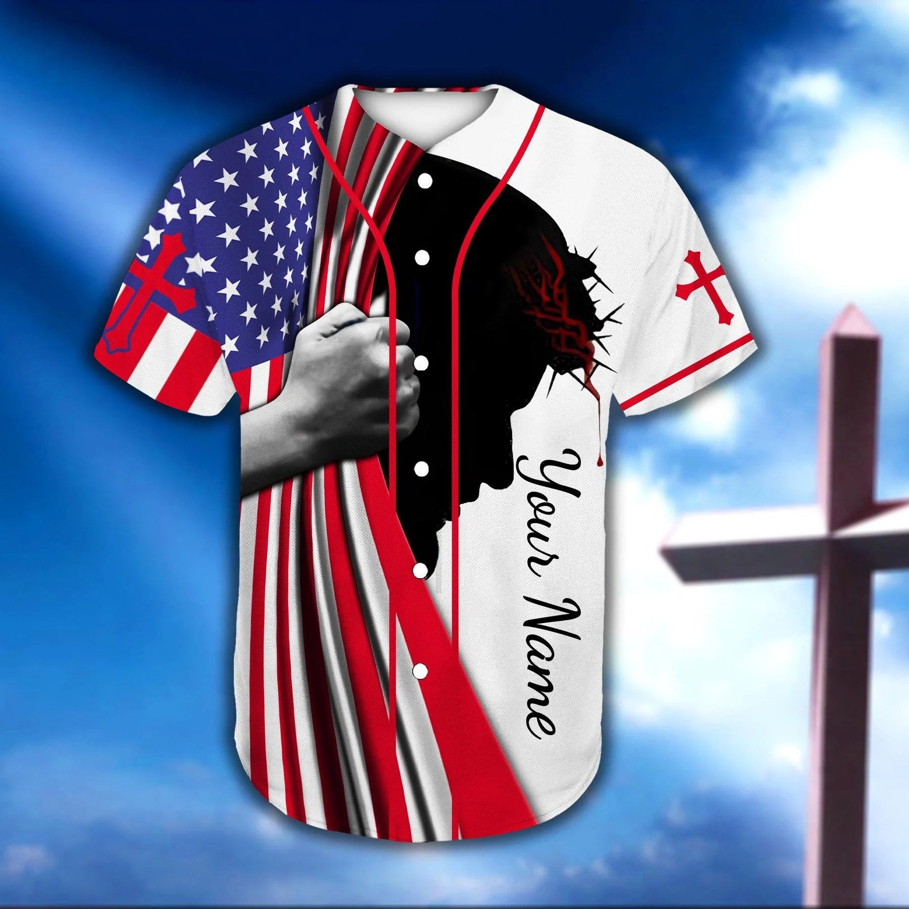 Cross, American Flag Baseball Jersey - Jesus Is My Everything Custom B