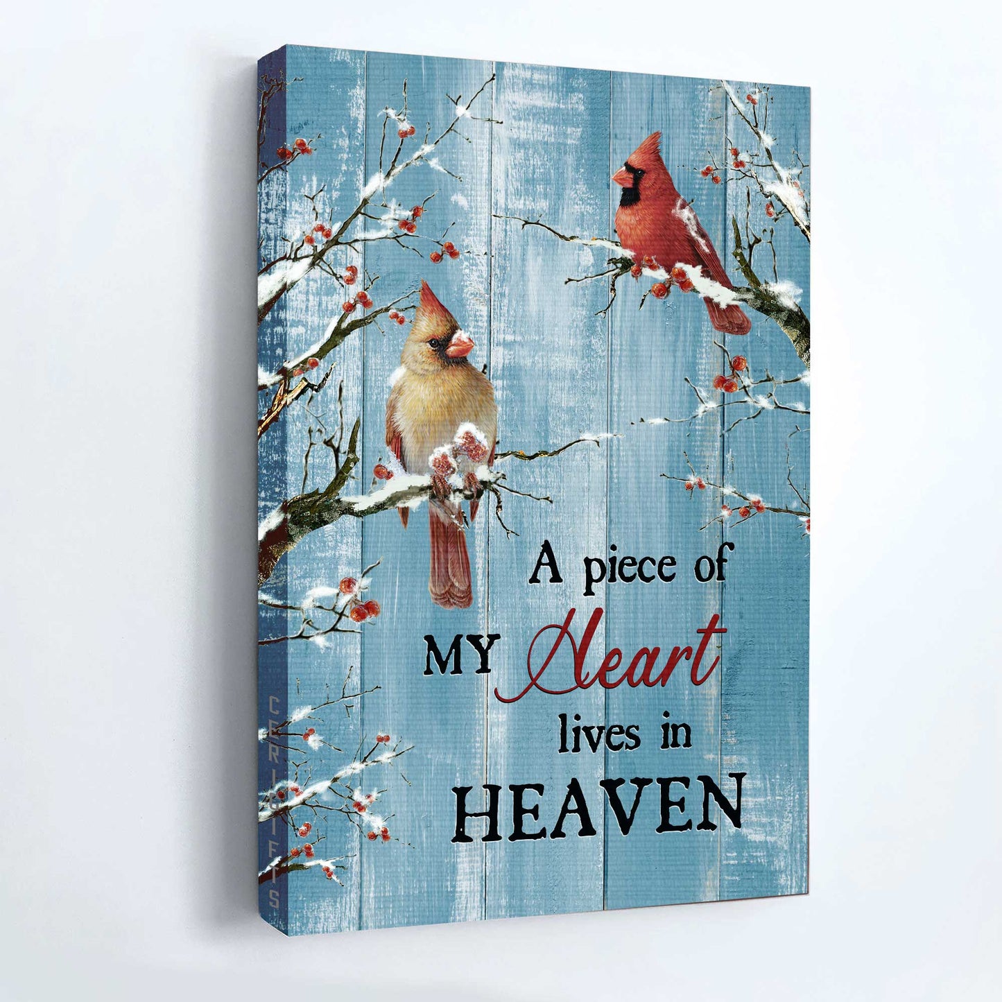 Memorial Portrait Canvas- Blue background, Cardinal, Frozen cranberry - Gift for family- A piece of my heart lives in heaven - Heaven Portrait Canvas Prints, Wall Art