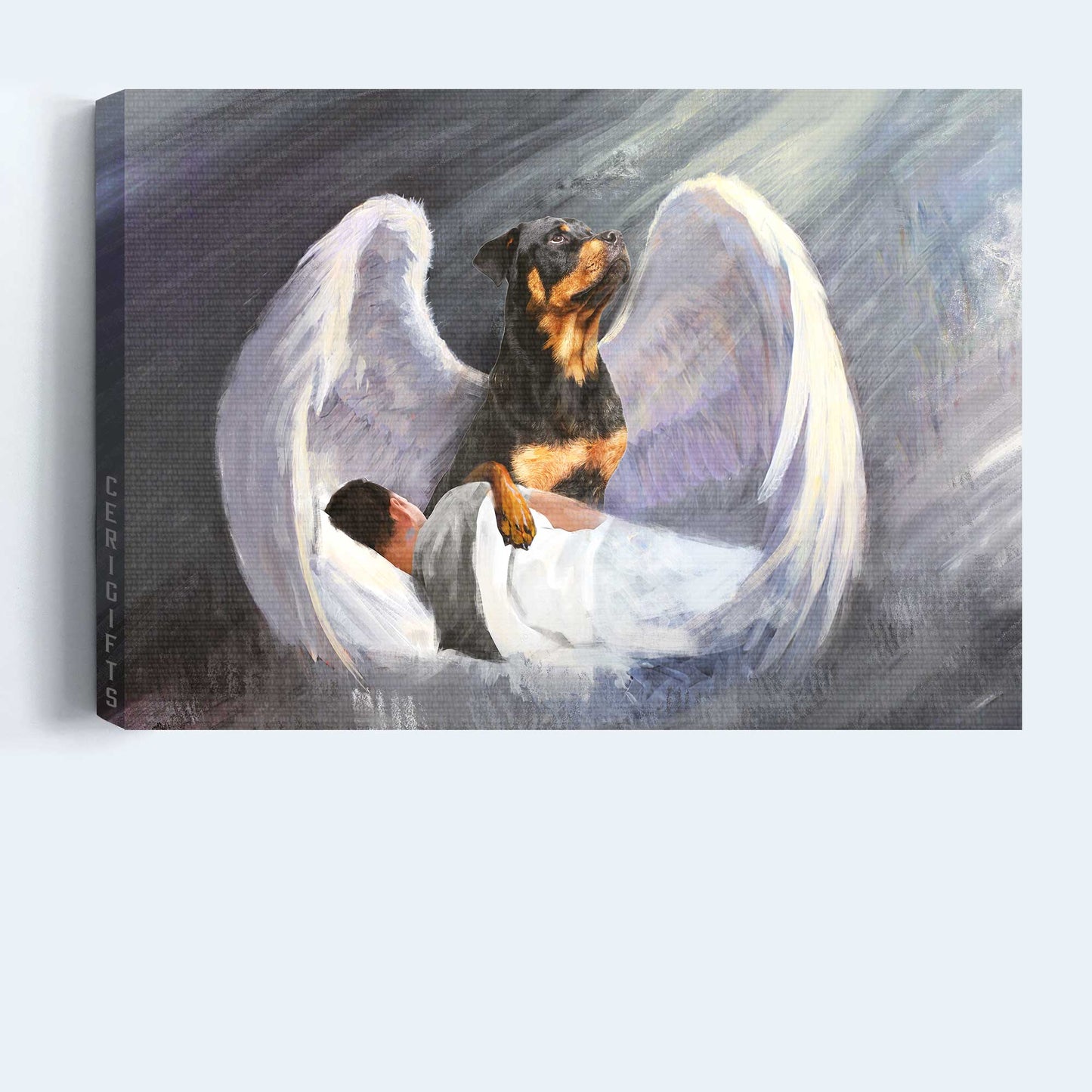 Rottweiler Landscape Canvas- Sleeping man, Rottweiler, Beautiful Wings, I'll protect you - Gift for dog lover- Dog Landscape Canvas Prints, Wall Art