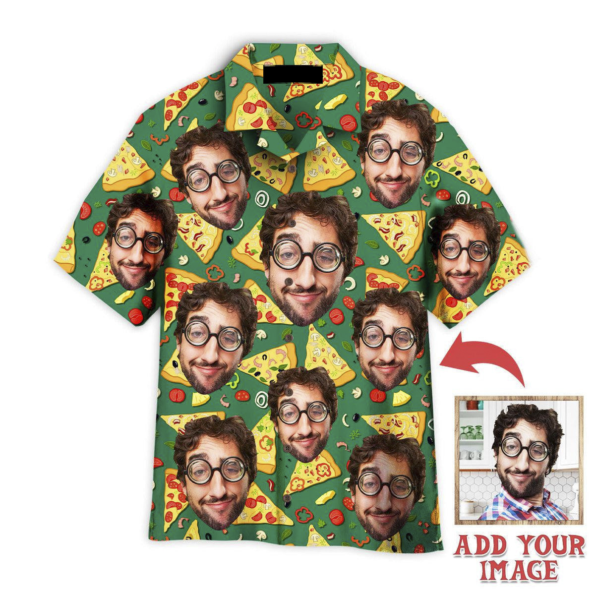 Funny Custom Face Crazy Man Loves Slice Pizza On Green Custom Hawaiian Shirt, Personalized Hawaiian Shirts, Custom Photo Hawaiian Shirt