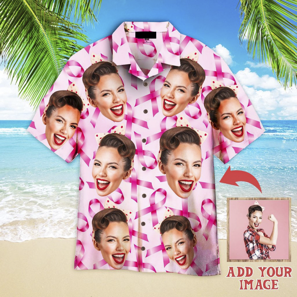 Custom Face On Breast Cancer Ribbons Awareness Custom Hawaiian Shirt, Personalized Hawaiian Shirts, Custom Photo Hawaiian Shirt