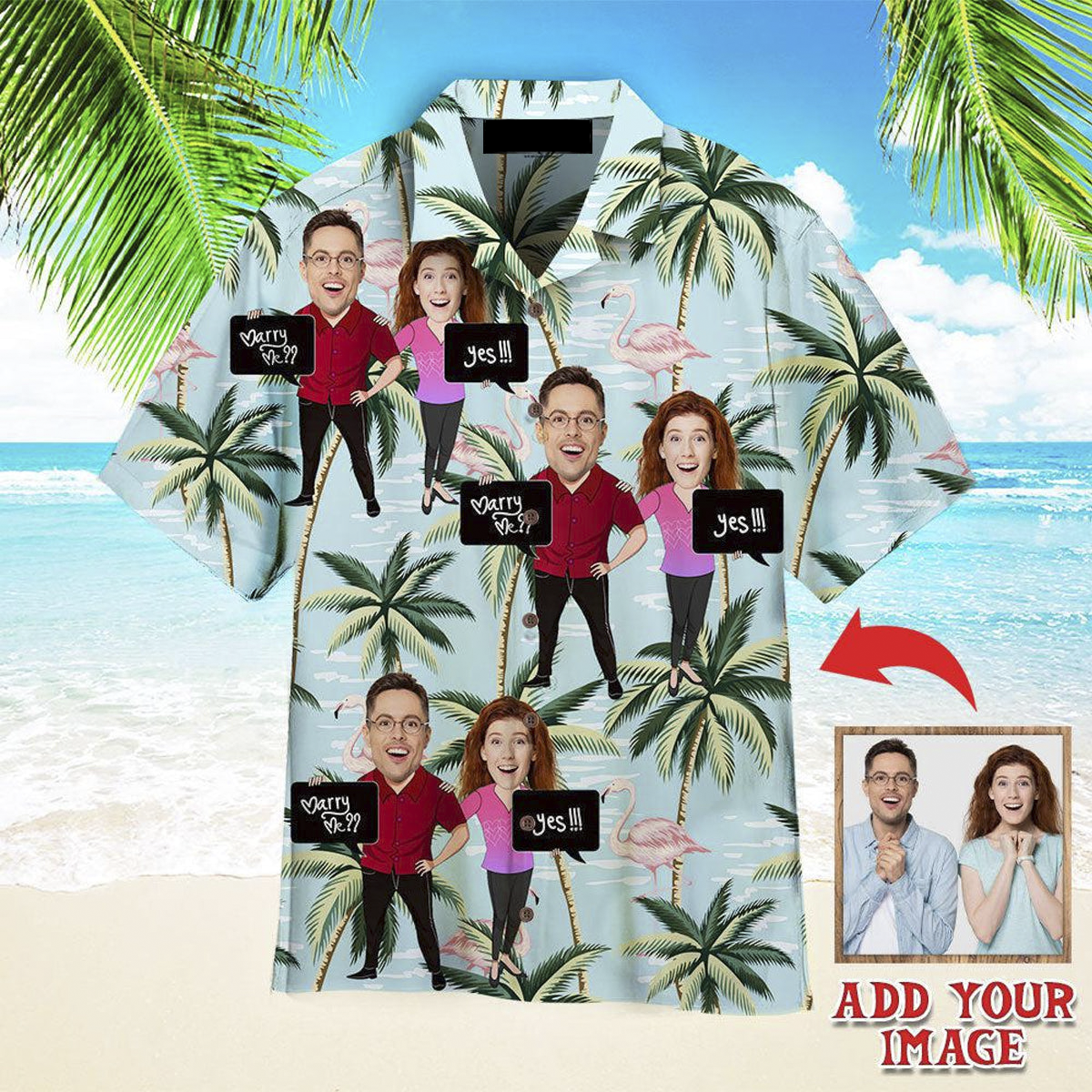 Funny Custom Face Couple With Marry Me Flamingo Palm Tree Custom Hawaiian Shirt, Personalized Hawaiian Shirts, Custom Photo Hawaiian Shirt