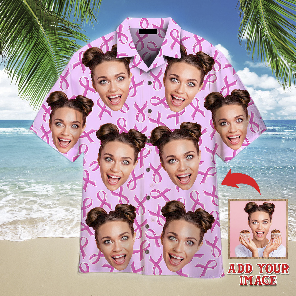 Custom Face On Pink Ribon Breast Cancer Custom Hawaiian Shirt, Personalized Hawaiian Shirts, Custom Photo Hawaiian Shirt