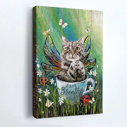 Tabby Cat Portrait Canvas- Grey tabby cat, Butterfly wings, Lady bug, Tea cup, Just breathe- Gift for cat lover - Jesus Portrait Canvas Prints, Christian Wall Art