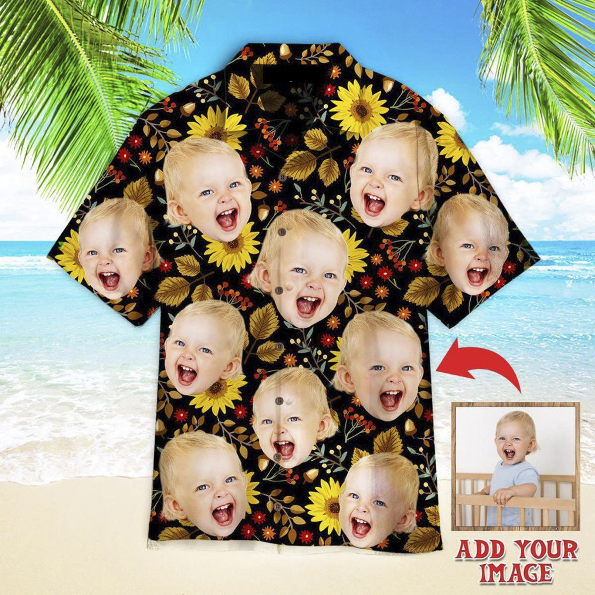 Custom Funny Face Autumn Sunflowers Thanksgiving Custom Hawaiian Shirt, Personalized Hawaiian Shirts, Custom Photo Hawaiian Shirt