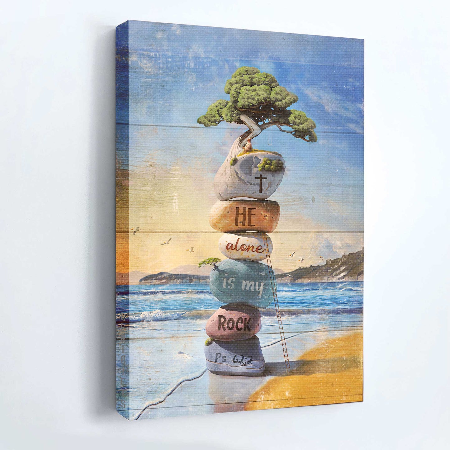 Jesus Portrait Canvas- Rock cairn, Bonsai - Gift for Christian- He alone is my rock - Portrait Canvas Prints, Wall Art