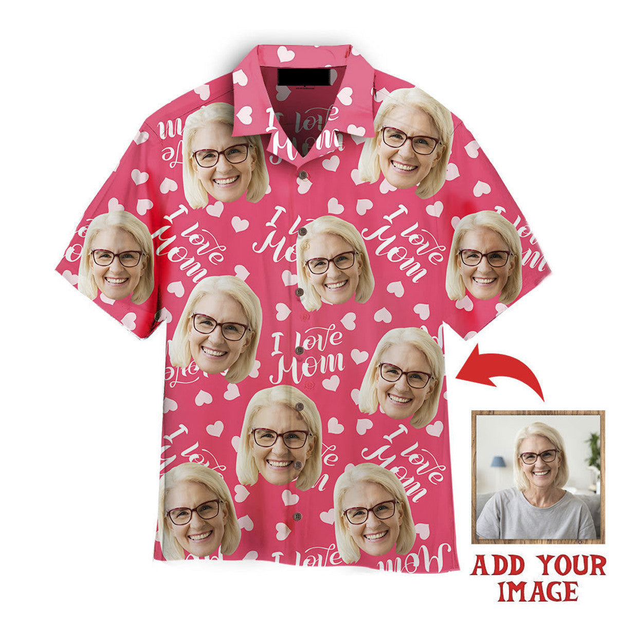 Custom Face Love Mom Pink Seamless Custom Hawaiian Shirt, Personalized Hawaiian Shirts, Custom Photo Hawaiian Shirt