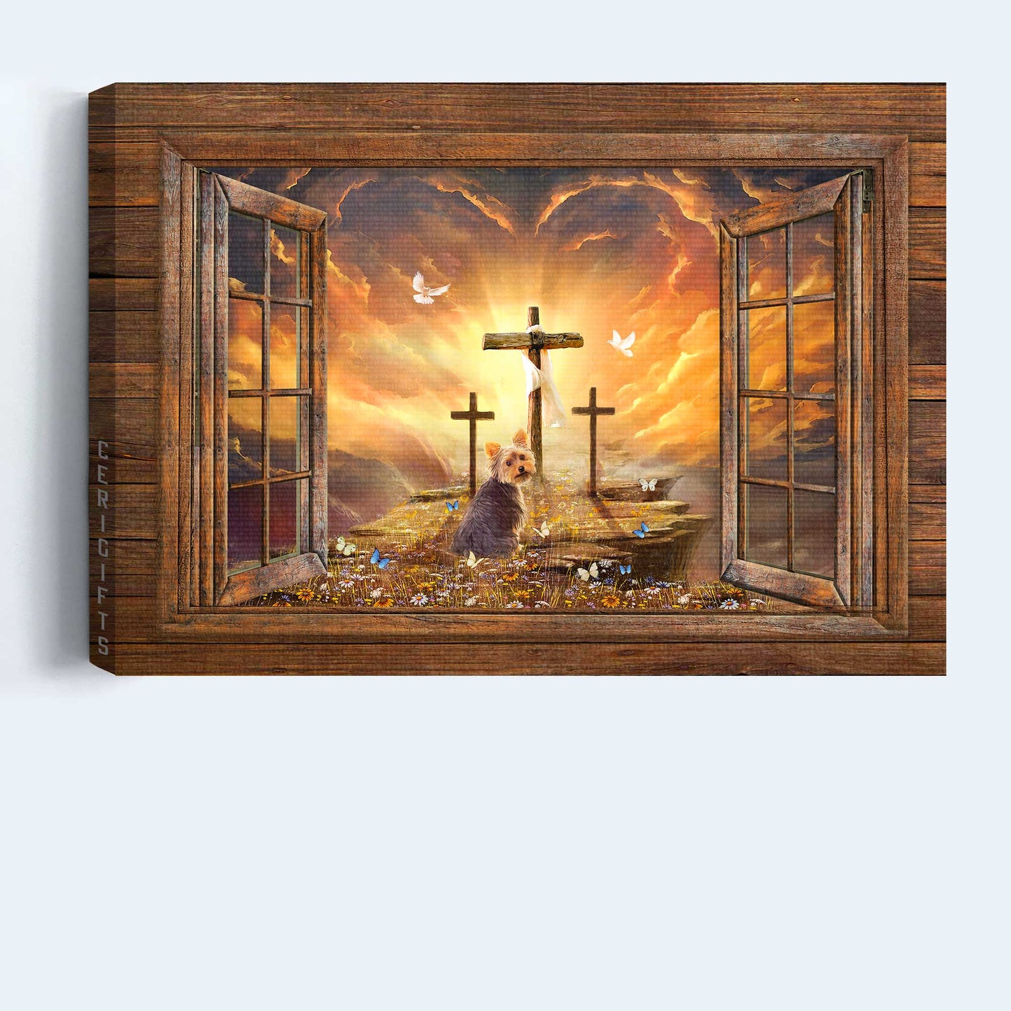 Yorkshire Terrier Dog Landscape Canvas - Yorkshire Terrier painting, Window frame, Sunset painting, Path to heaven, The three crosses, Jesus Landscape Canvas - - Gift for Yorkshire Terrier, Dog Lovers, Christian