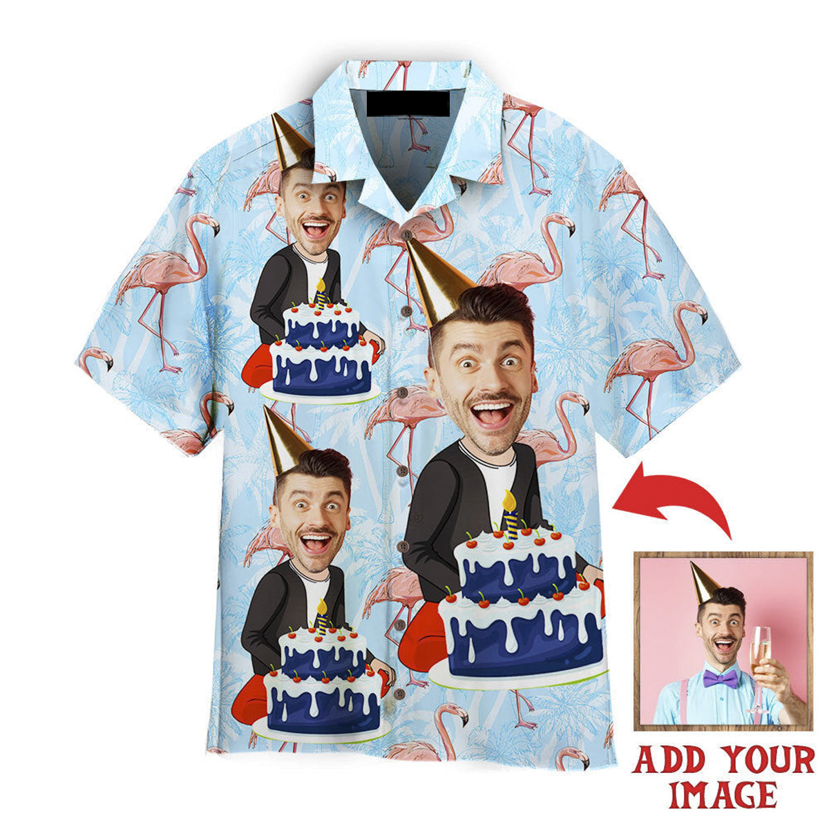 Funny Custom Face Happy Birthday Guy Flamingo On Blue Tropical Custom Hawaiian Shirt, Personalized Hawaiian Shirts, Custom Photo Hawaiian Shirt