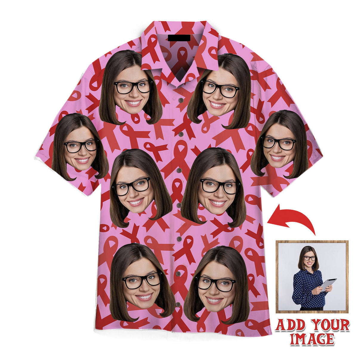 Custom Face On Pink Breast Cancer Awareness Custom Hawaiian Shirt, Personalized Hawaiian Shirts, Custom Photo Hawaiian Shirt