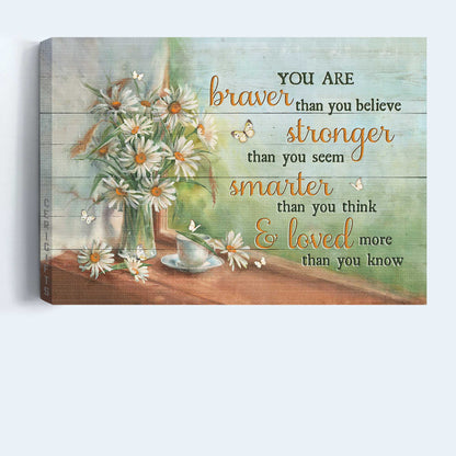 Jesus Landscape Canvas- Daisy drawing, Tea cup, Green background, White butterfly canvas- Gift for Christian- You are braver than you believe