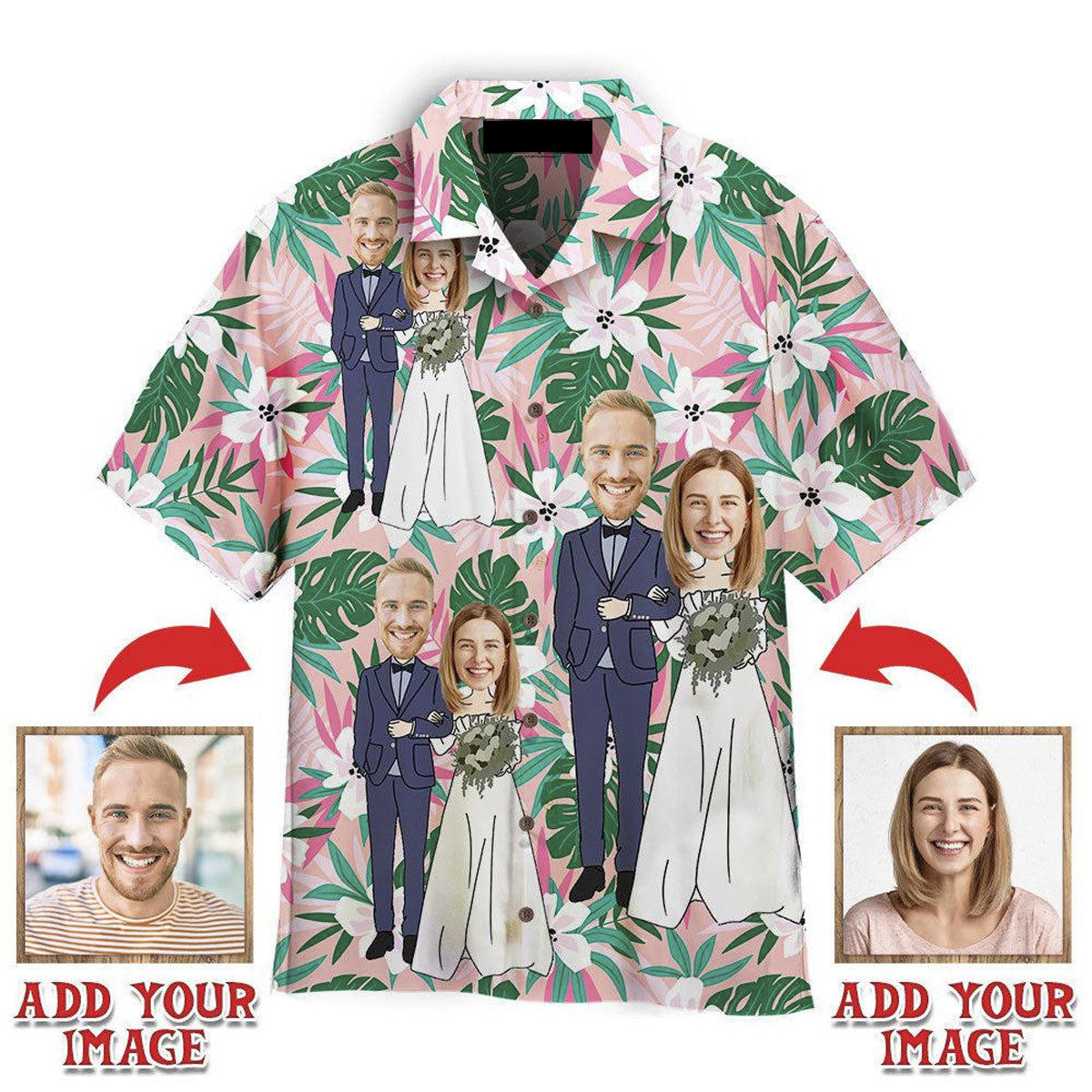 Funny Custom Face Happy Wedding Couple Flower On Pink Tropical Custom Hawaiian Shirt, Personalized Hawaiian Shirts, Custom Photo Hawaiian Shirt