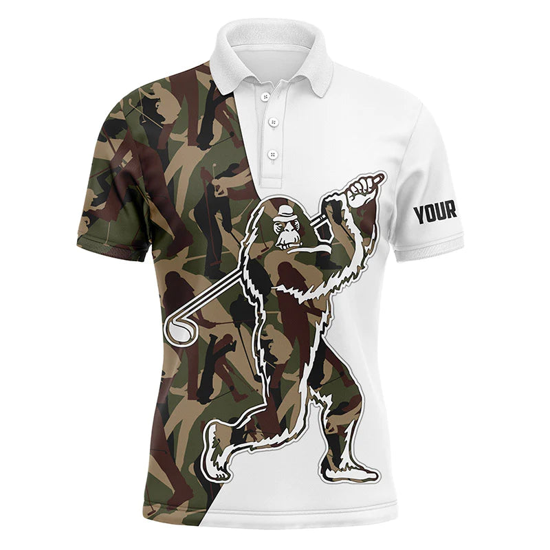 Funny Bigfoot Golf Polo Shirts, Camo Pattern Custom Name Sasquatch Playing Golf Apparel - Personalized Gift For Men, Husband, Boyfriend, Lovers