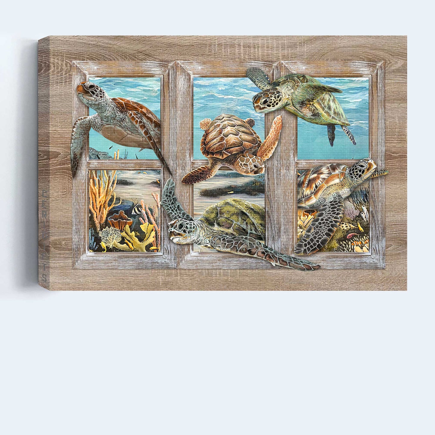 Turtle Landscape Canvas - Turtle Painting, Window Frame, Ocean World Canvas - Gift For Christian - Beautiful Coral Reef Canvas