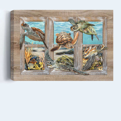 Turtle Landscape Canvas - Turtle Painting, Window Frame, Ocean World Canvas - Gift For Christian - Beautiful Coral Reef Canvas