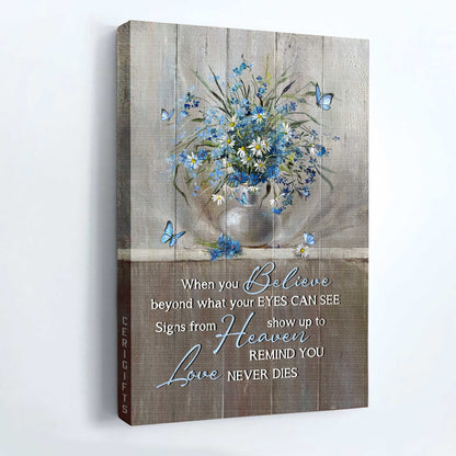 Memorial Portrait Canvas- Blue daisy painting, Still life drawing canvas- Gift for members family- Signs from heaven remind you love never dies - Heaven Portrait Canvas Prints, Wall Art