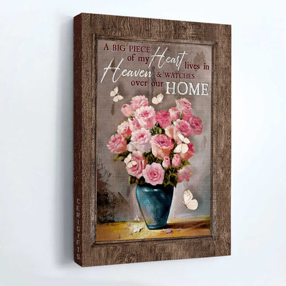 Memorial Portrait Canvas- Brilliant pink rose vase, Still life painting, Butterfly canvas- Gift for members family- A big piece of my heart lives in heaven